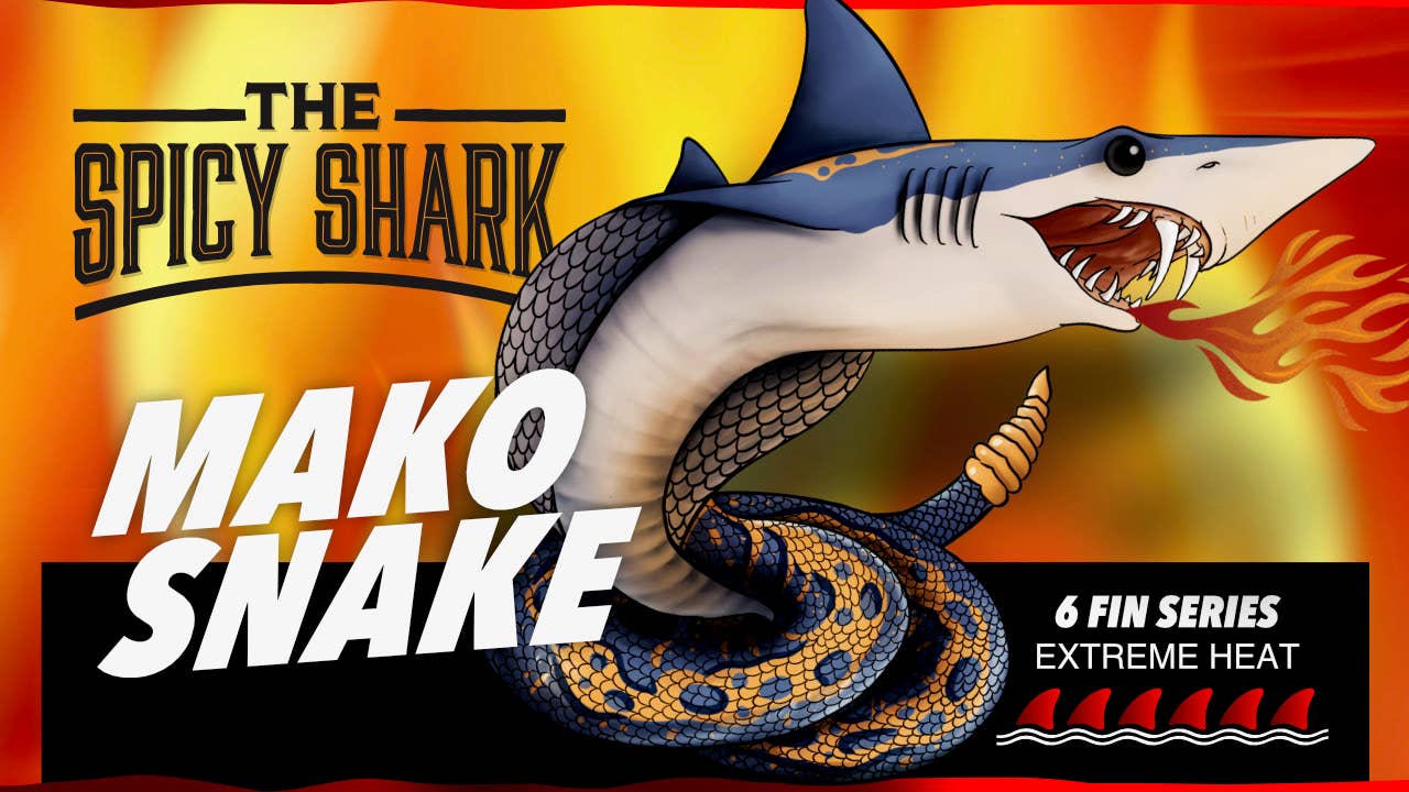 Promotional graphic for 'The Spicy Shark Mako Snake' with a snake-like creature on an orange and yellow background.