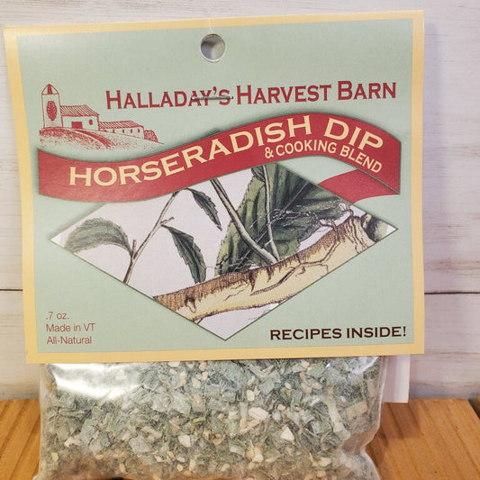 Packaged horseradish dip blend with 'Halladay's Harvest Barn' branding on a wooden surface.