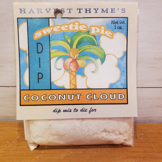 Packaging of Harvest Thyme's Coconut Cloud Sweet Dip Mix, showing the product name and a palm tree illustration.
