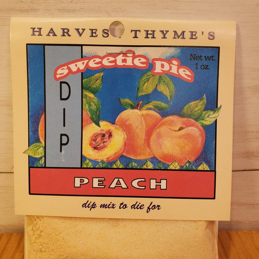 Packaging of Peach Sweet Dip Mix by Harvest Thyme with an illustration of peaches and a description of the product as a 'dip mix to die for.'.