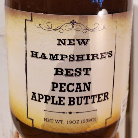 Label on a jar of Pecan Apple Butter, indicating it is New Hampshire's Best with a net weight of 19oz (539g).