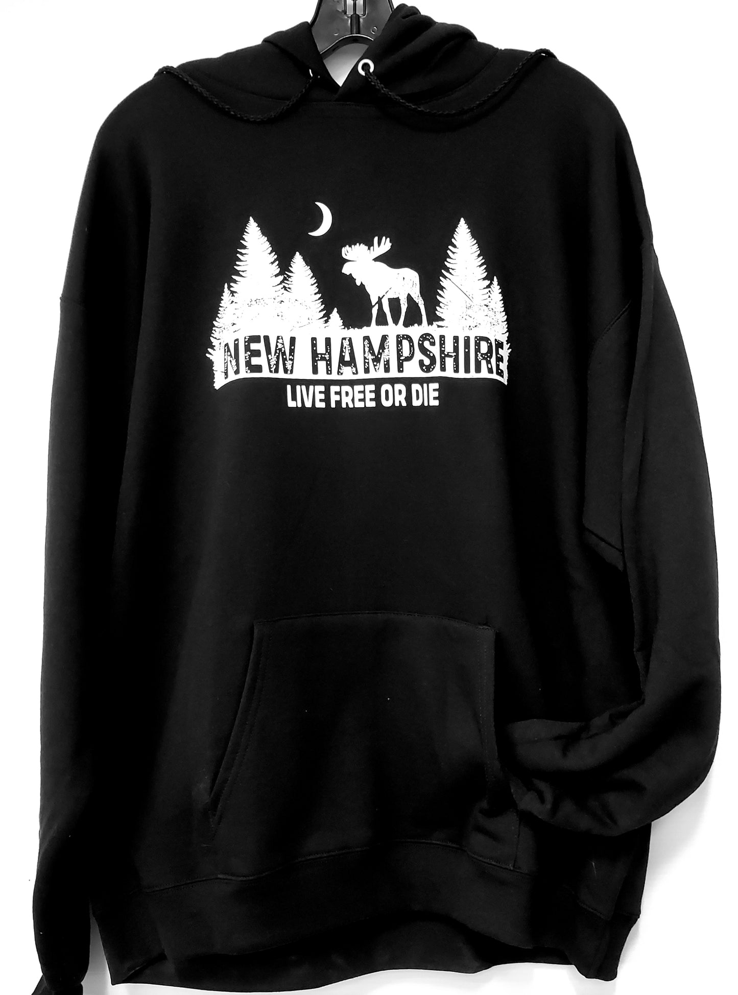 Black hoodie with white graphic design on a white background