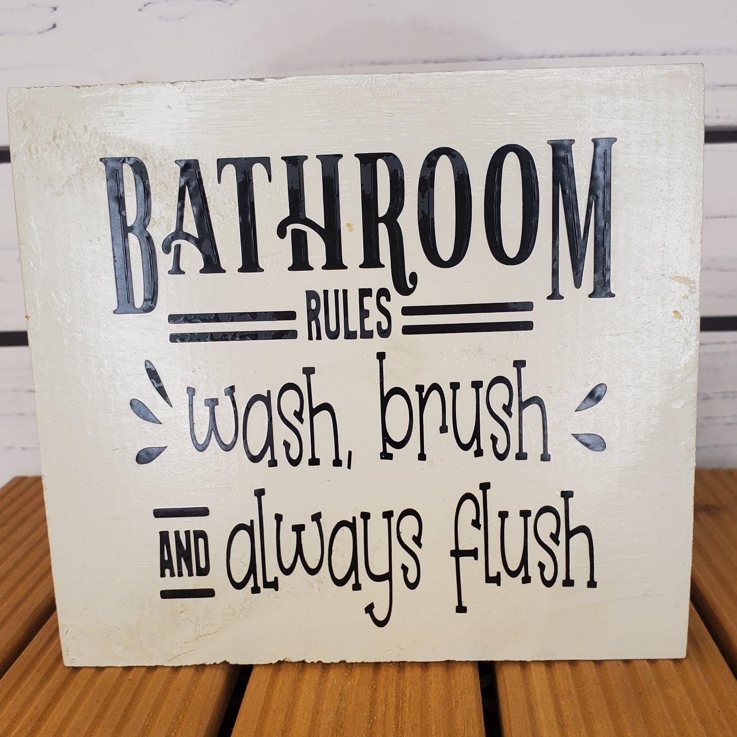 "Bathroom Rules" 6x6 White Wooden Sign