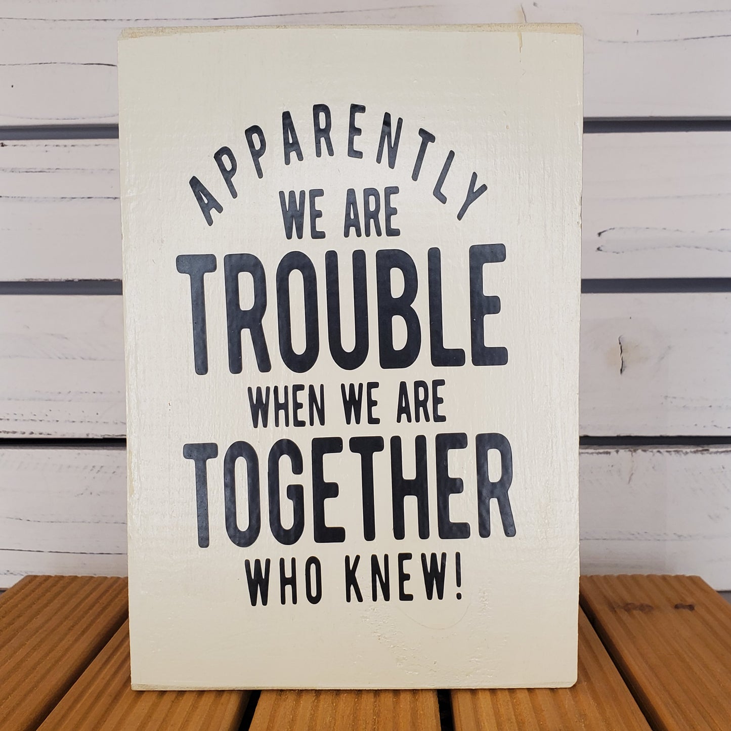 “Apparently We Are Trouble...” 6x8 White Wooden Sign