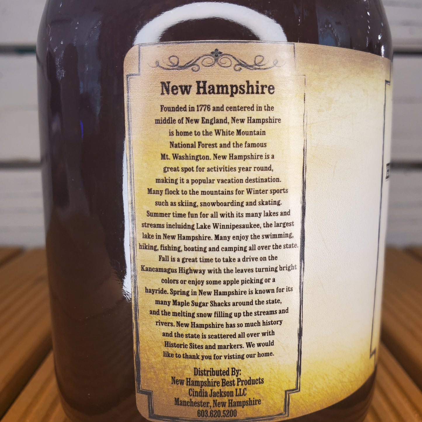 Bottle with a detailed label about New Hampshire