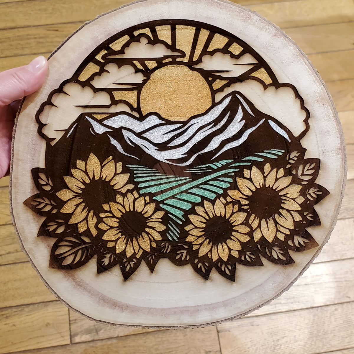 Sunflower Field & Mountain Round Wood Slab Wall Décor