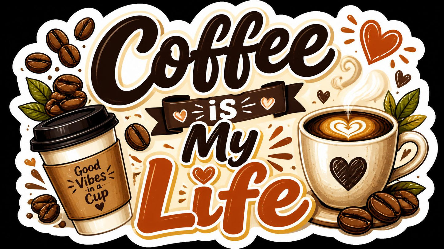 Coffee Is My Life, Brown Red Hearts Sticker