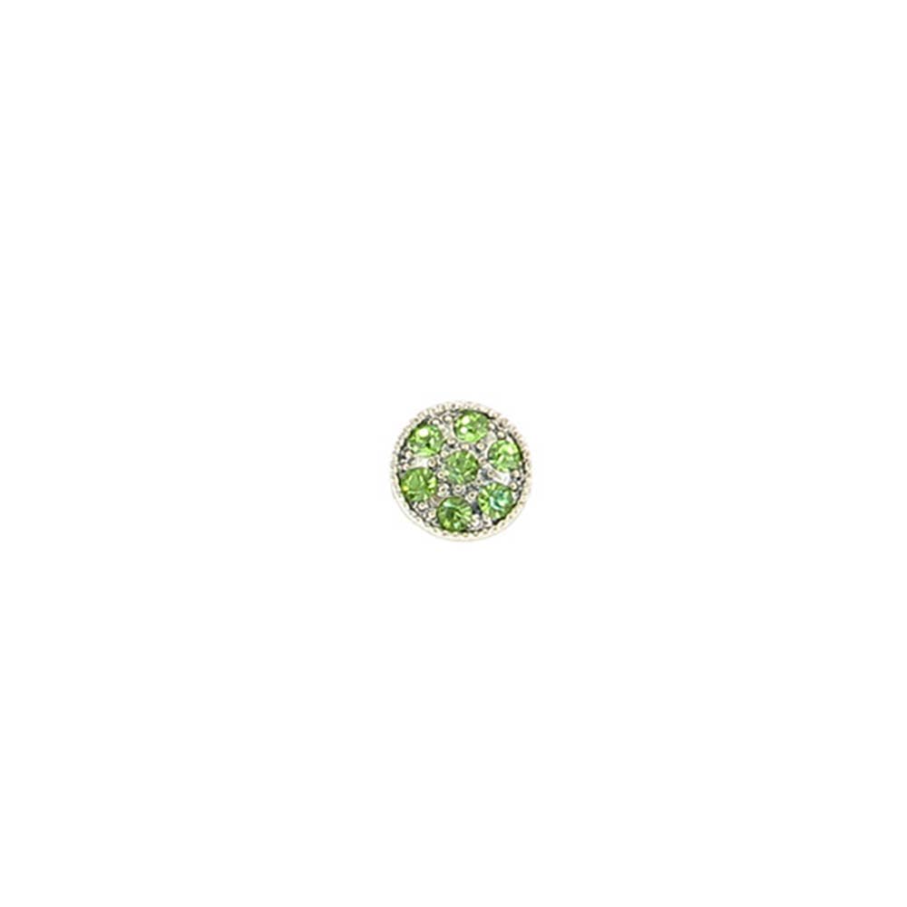 A round silver-toned stud earring featuring a cluster of green gemstones surrounded by small clear stones, set against a plain white background.