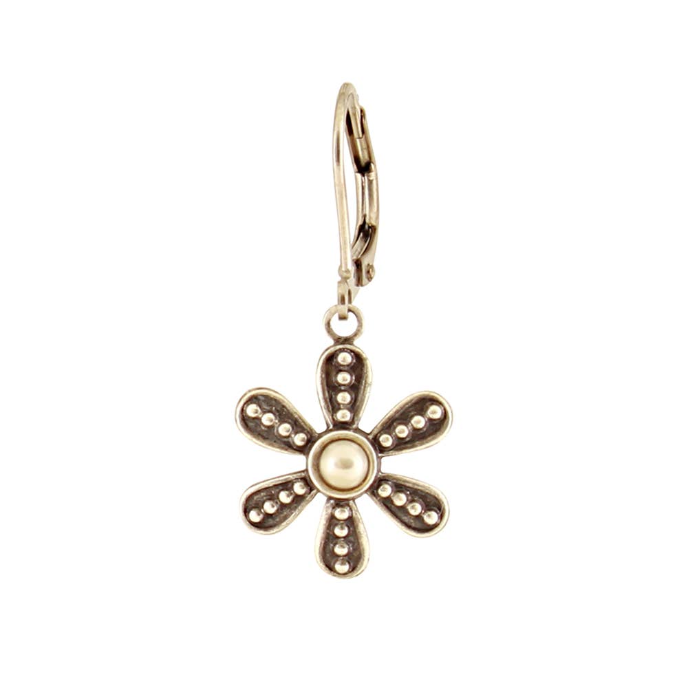 Gold flower-shaped earring with a pearl center on a white background