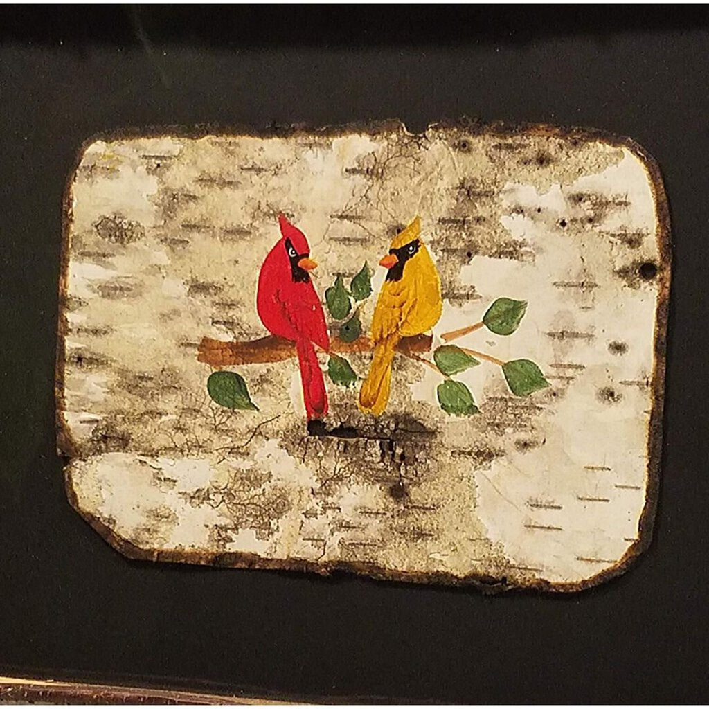 Painted Cardinal on Birch Bark inside Birch Frame