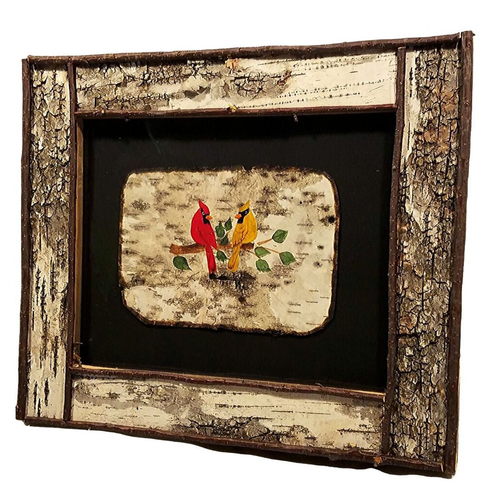 Painted Cardinal on Birch Bark inside Birch Frame