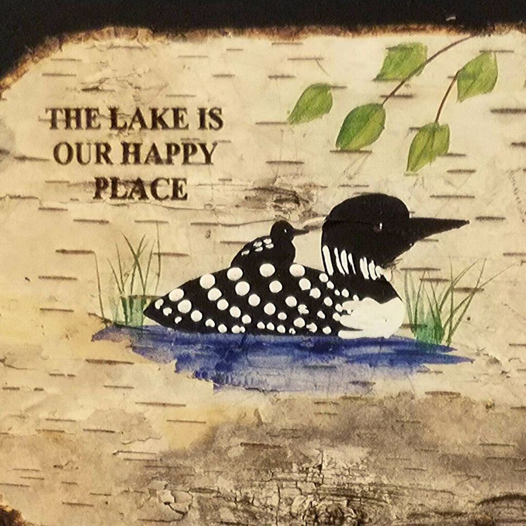 Loon Lake is Our Happy Place Painting in Birch Frame