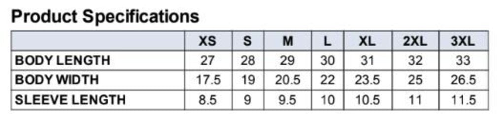 Sizing chart table