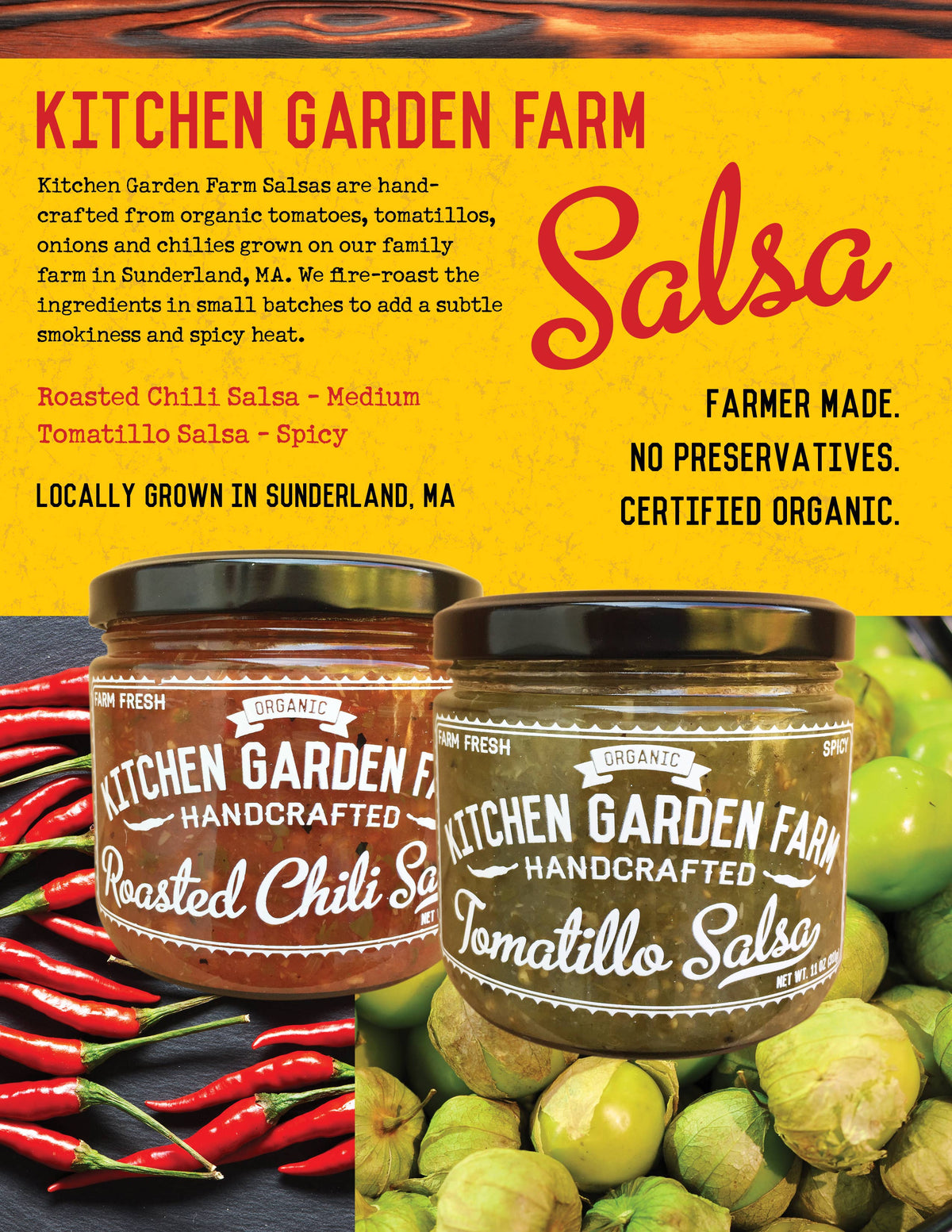 Advertisement for Kitchen Garden Farm Salsa with jars of salsa and ingredients on a yellow background.