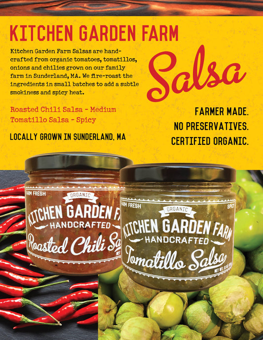 Advertisement for Kitchen Garden Farm Salsa with jars of salsa and ingredients on a yellow background.