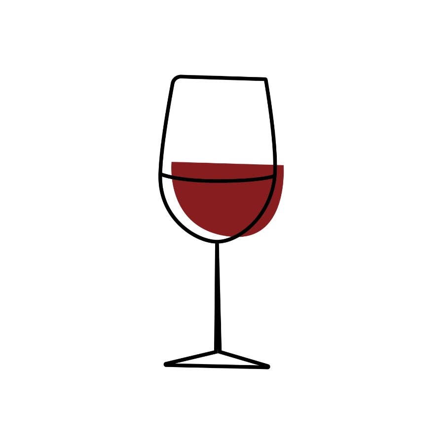 Simplified line drawing of a wine glass with red wine on a white background