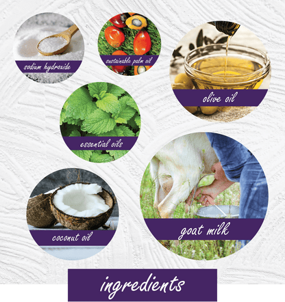 Ingredient graphic for a goat milk soap or shampoo, featuring six circular images labeled sodium hyaluronide, sustainable palm oil, essential oils, olive oil, coconut oil, and goat milk, with a purple banner reading 'ingredients' on a textured white background.