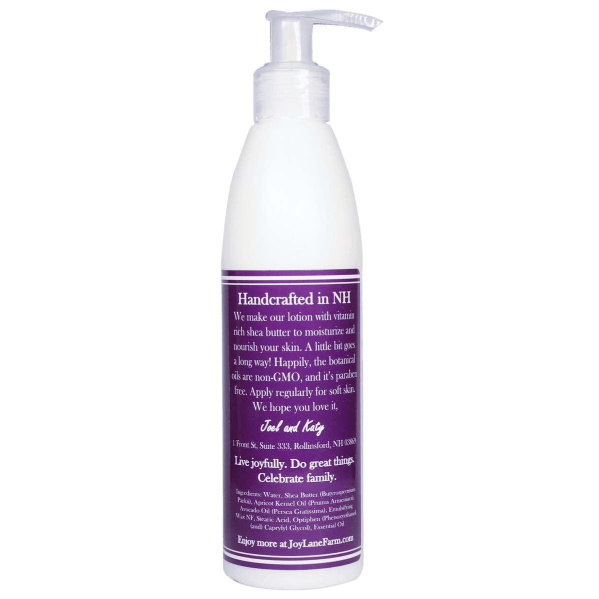 A white pump bottle of handcrafted body lotion with a purple label, shown against a plain white background. The label features white text and is branded by Joy Lane Farms.
