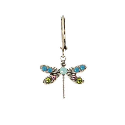 Dragonfly-shaped earring with colorful gemstones on a white background