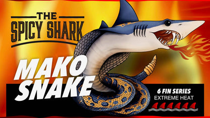 Promotional graphic for 'The Spicy Shark Mako Snake' with a snake-like creature on an orange and yellow background.