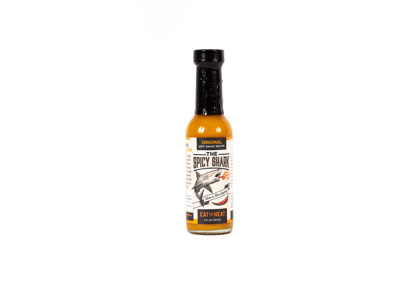 Spicy shark hot sauce bottle on a white background