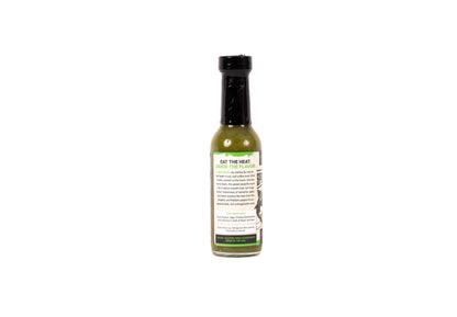 Bottle of hot sauce with a label on a white background