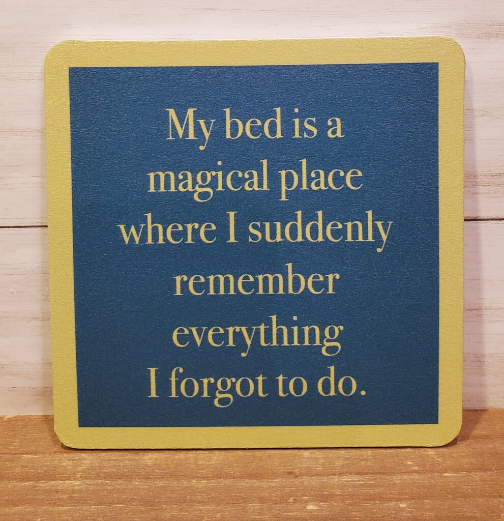 A square coaster with a blue center and yellow border. The coaster has text on it.