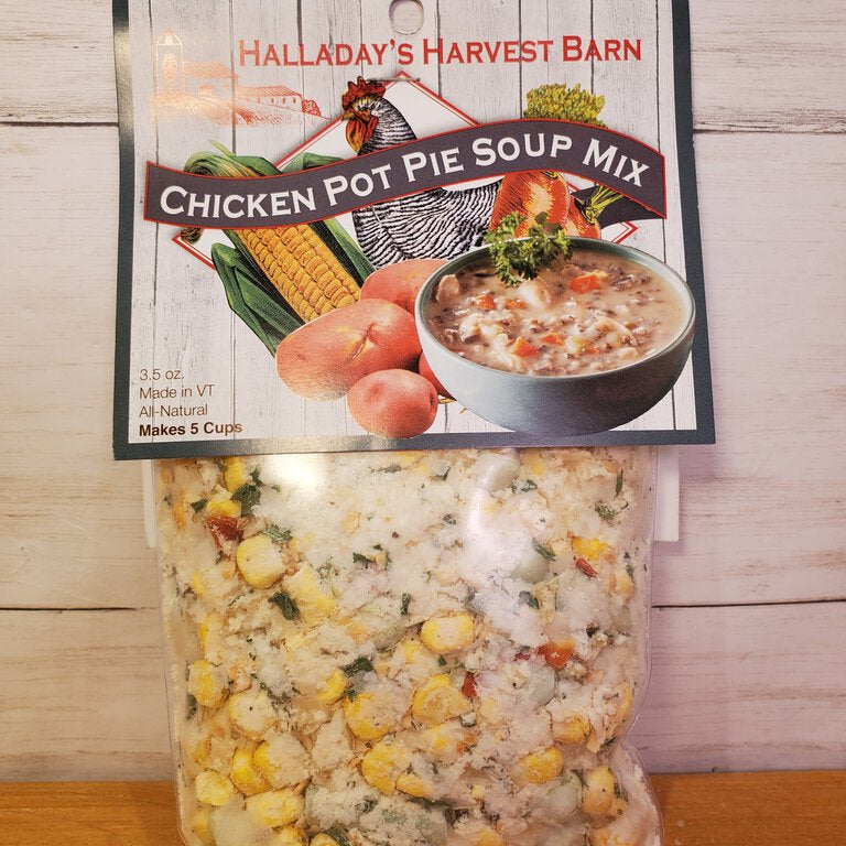 Packaged Chicken Pot Pie Soup Mix in a plastic bag with a label showing the product name and an image of the soup.