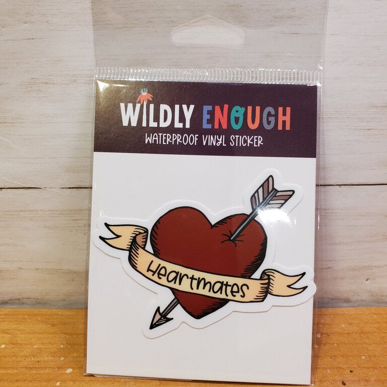 Packaging of a 'Wildly Enough' waterproof vinyl sticker with a heart and arrow design.