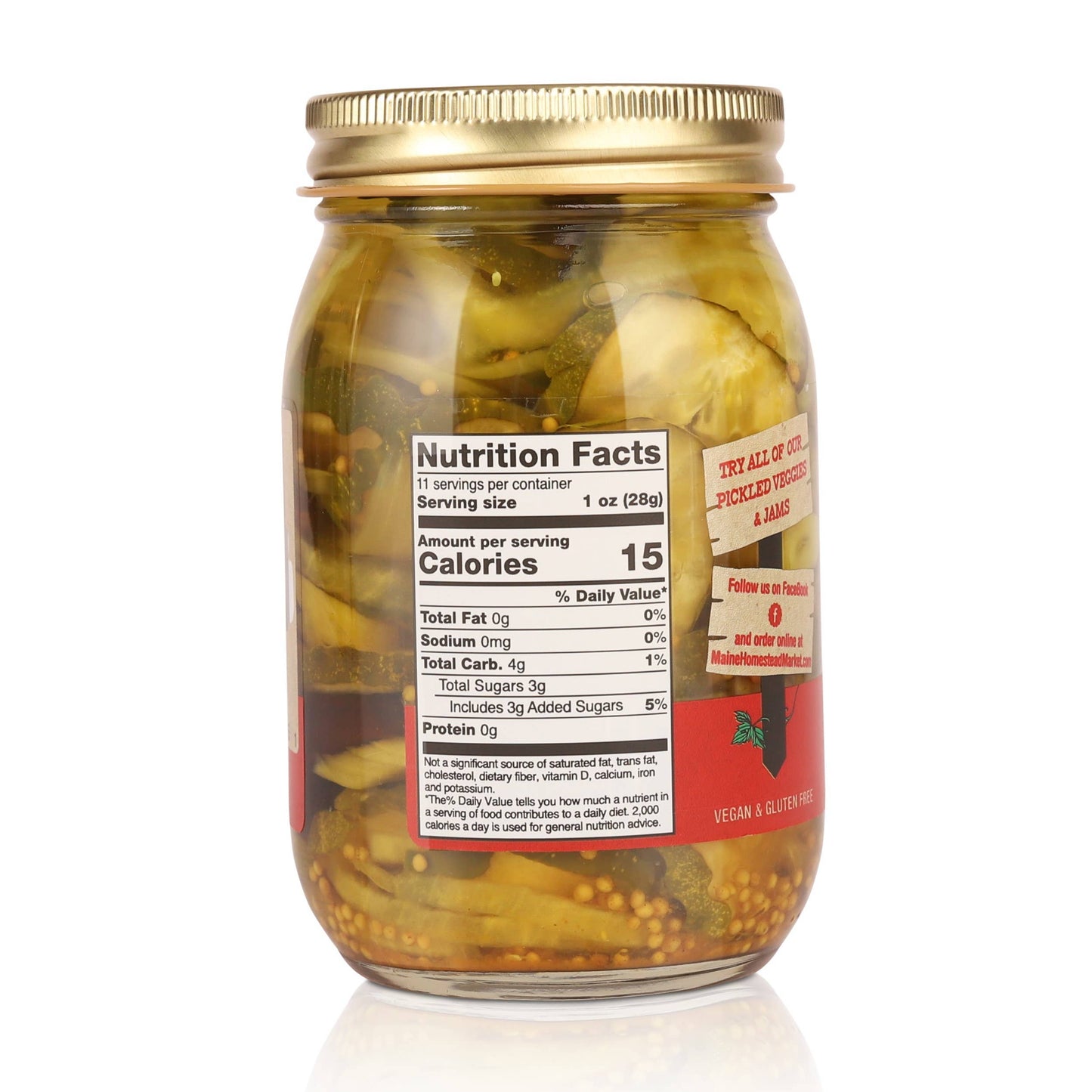Jar of pickles with a nutrition facts label on a white background