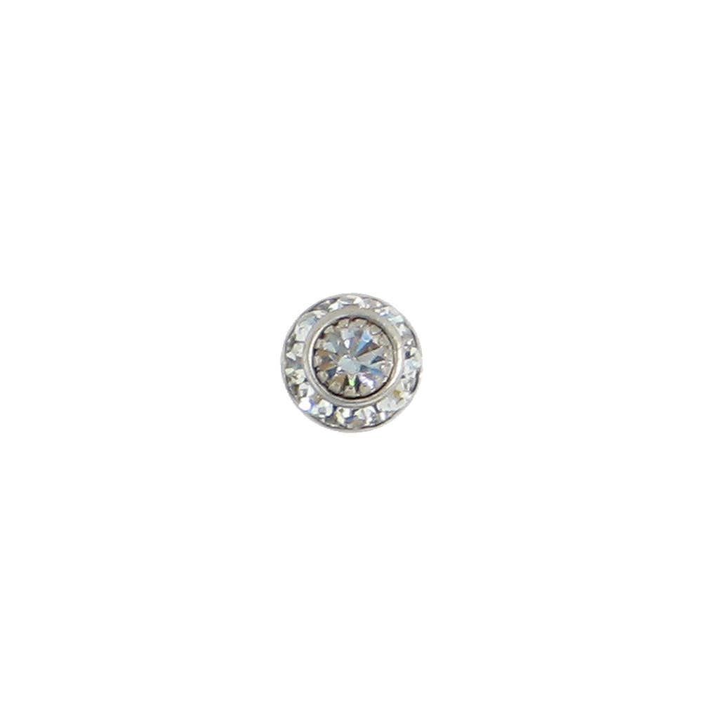 A single round stud earring featuring a clear central gemstone surrounded by a halo of smaller clear stones in a silver-toned setting, isolated on a solid white background.