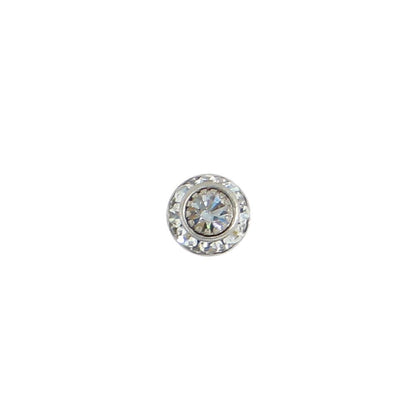A single round stud earring featuring a clear central gemstone surrounded by a halo of smaller clear stones in a silver-toned setting, isolated on a solid white background.