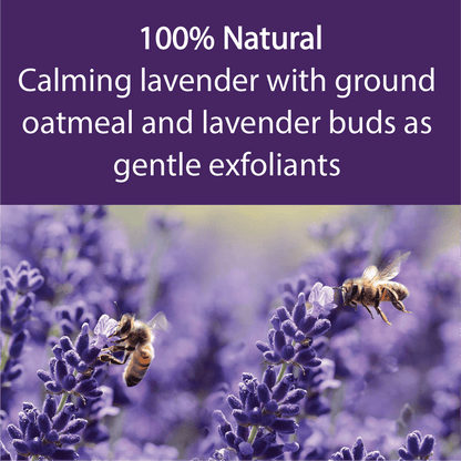 A promotional graphic with a purple header reading '100% Natural Calming lavender with ground oatmeal and lavender buds as gentle exfoliants' above a photo of bees pollinating purple lavender flowers.