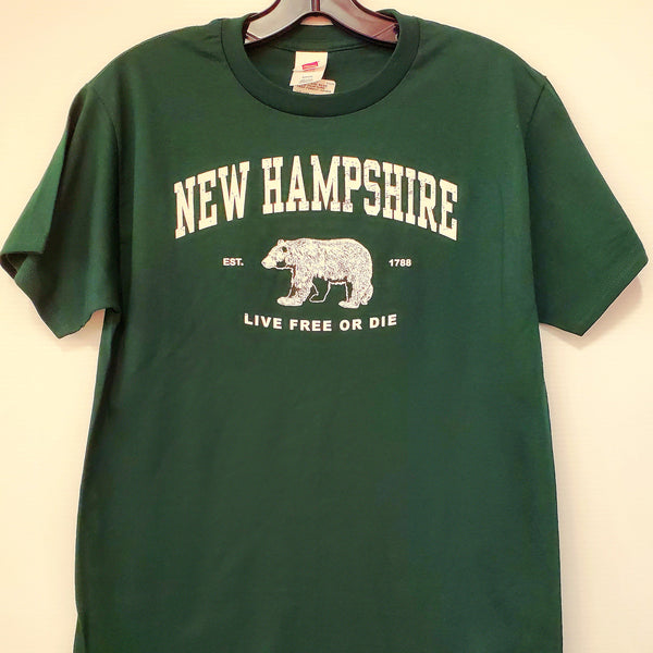 Green t-shirt with 'New Hampshire' and bear graphic on a white background