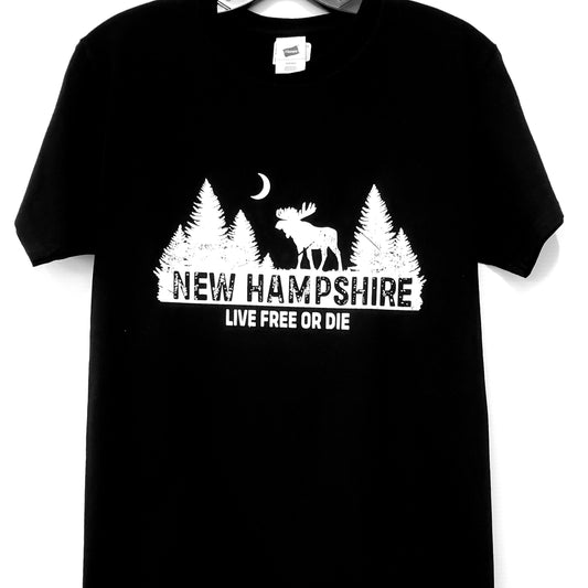 Black t-shirt with white graphic design featuring a moose and trees, text 'New Hampshire Live Free or Die', on a white background.