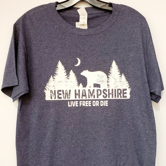Blue t-shirt with New Hampshire graphic design on a white background