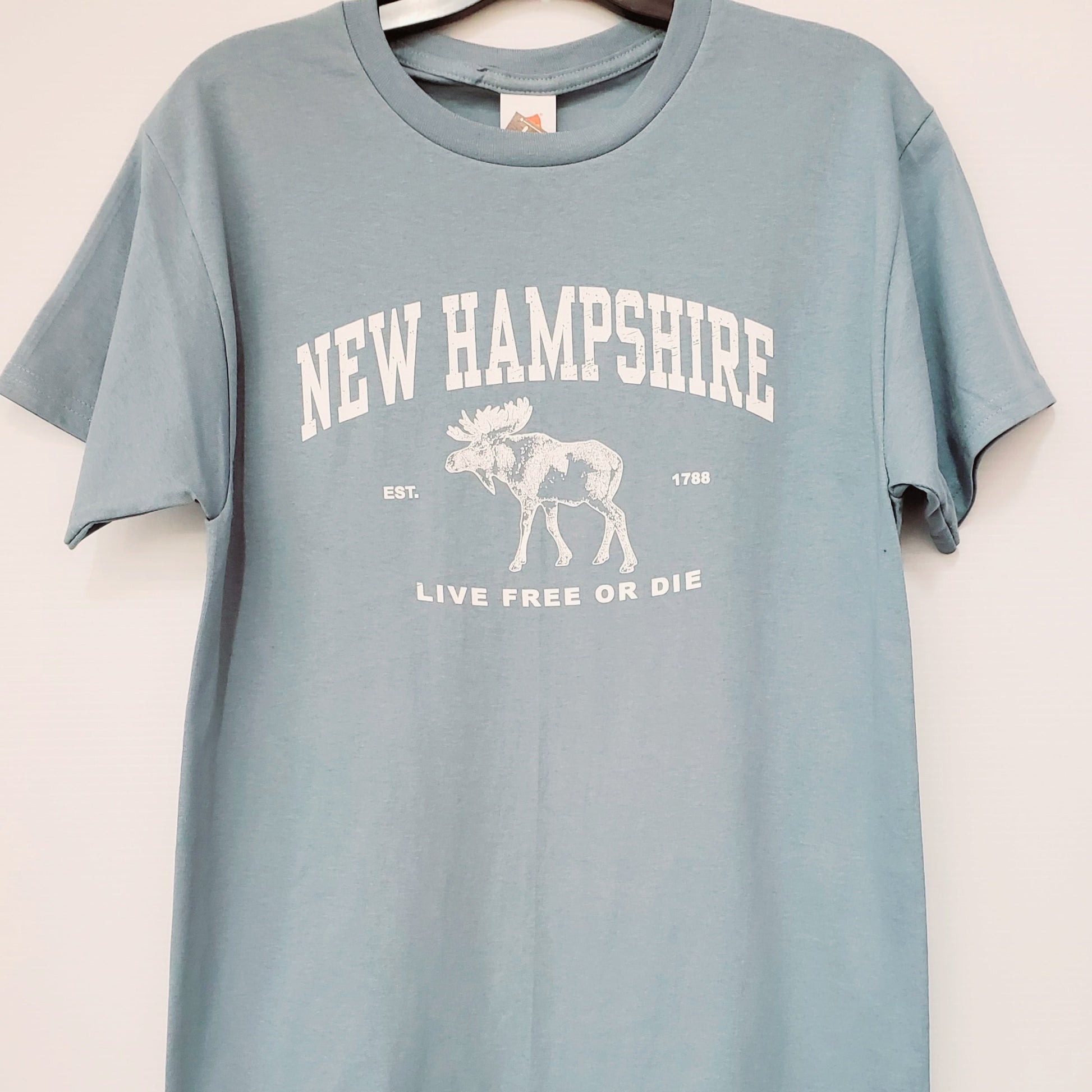 Blue t-shirt with 'New Hampshire' and moose graphic on a white background