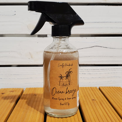 Clear spray bottle with a brown label on a wooden surface