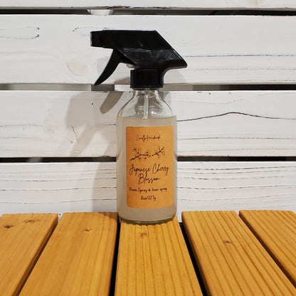 Bottle with a label on a wooden surface
