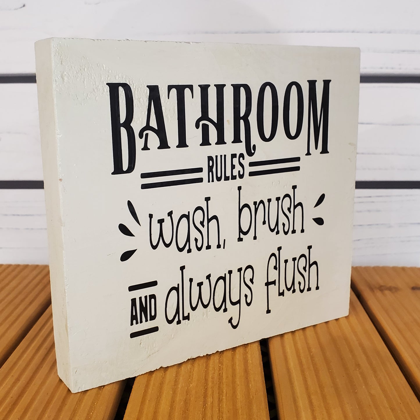 "Bathroom Rules"  6x6 White Wooden Sign