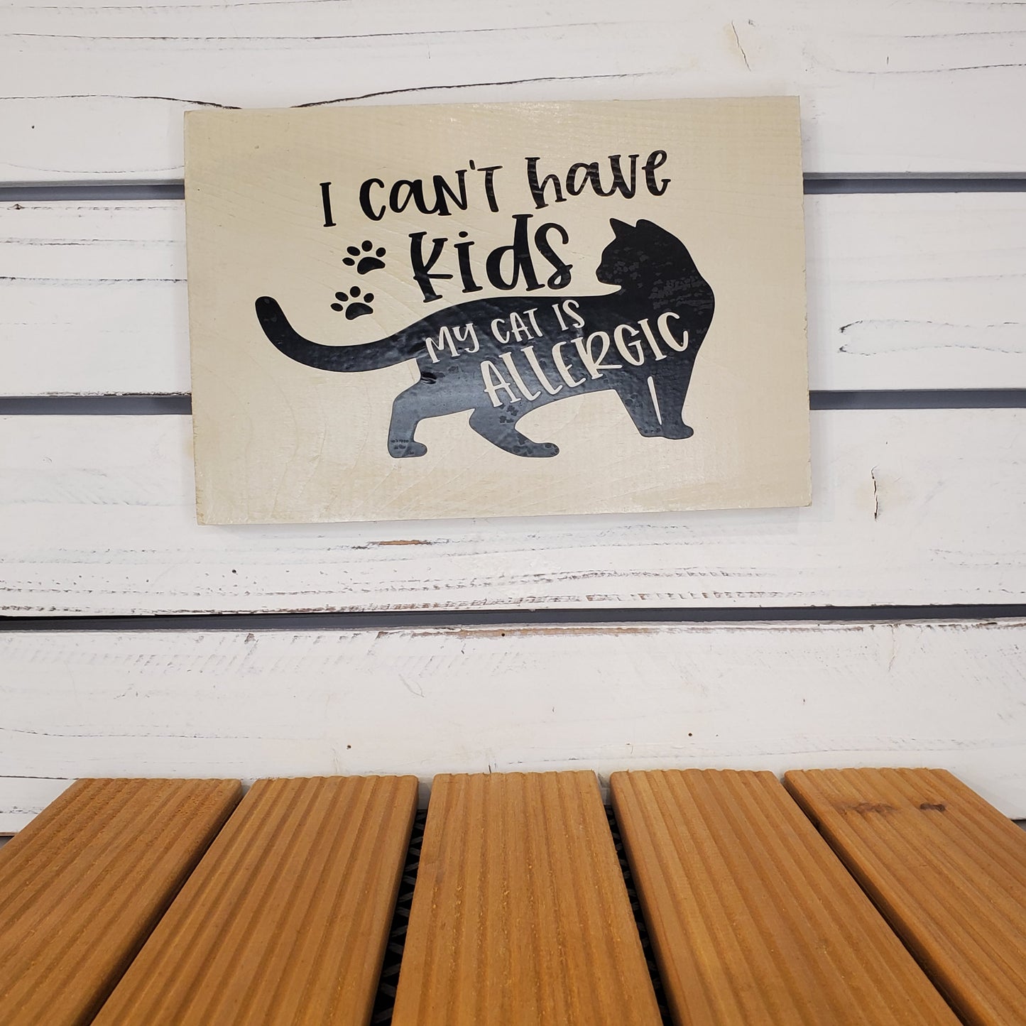 “I Can’t Have Kids, My Cat’s Allergic” 6x8 White Wooden Sign