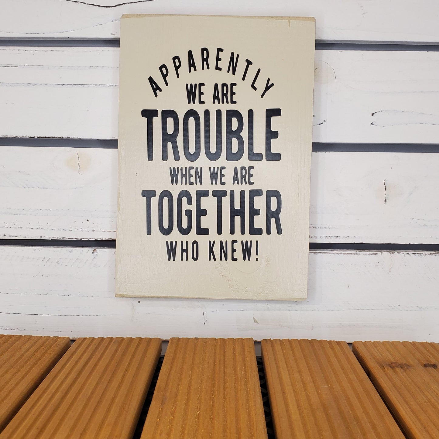 “Apparently We Are Trouble...” 6x8 White Wooden Sign