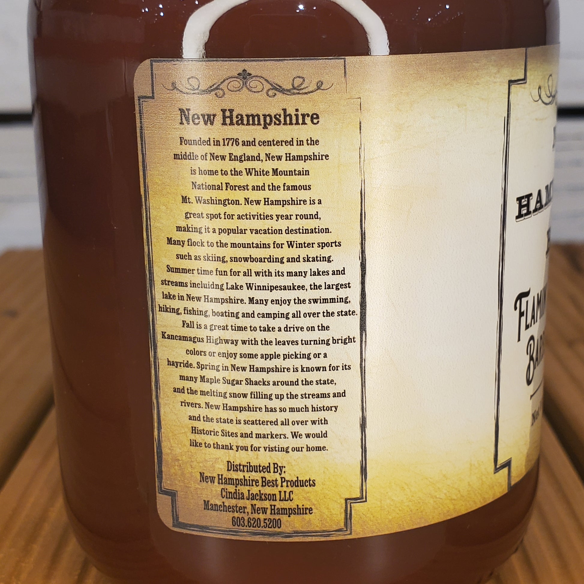Bottle label with text on a wooden surface
