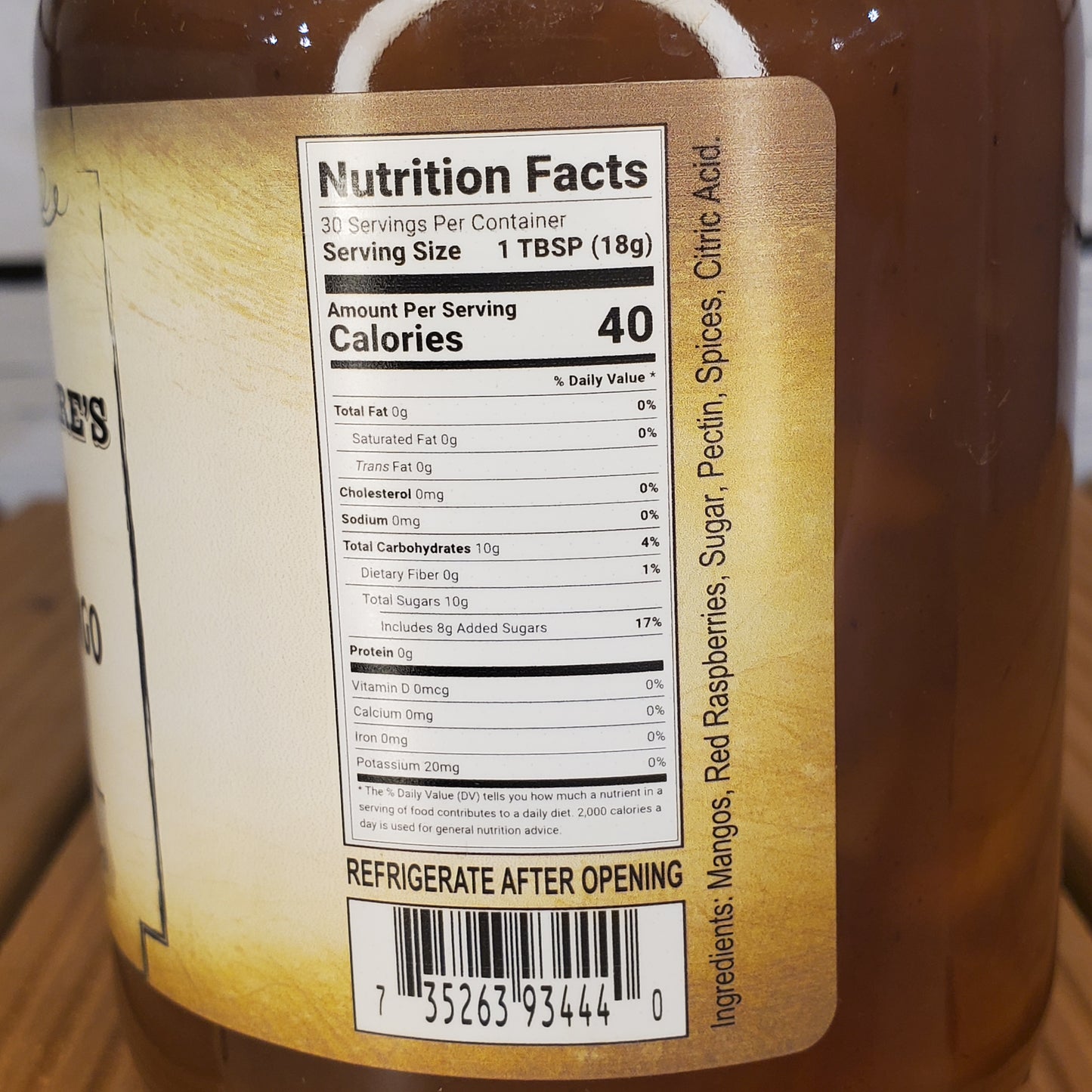 Nutrition facts label on a jar with a wooden texture