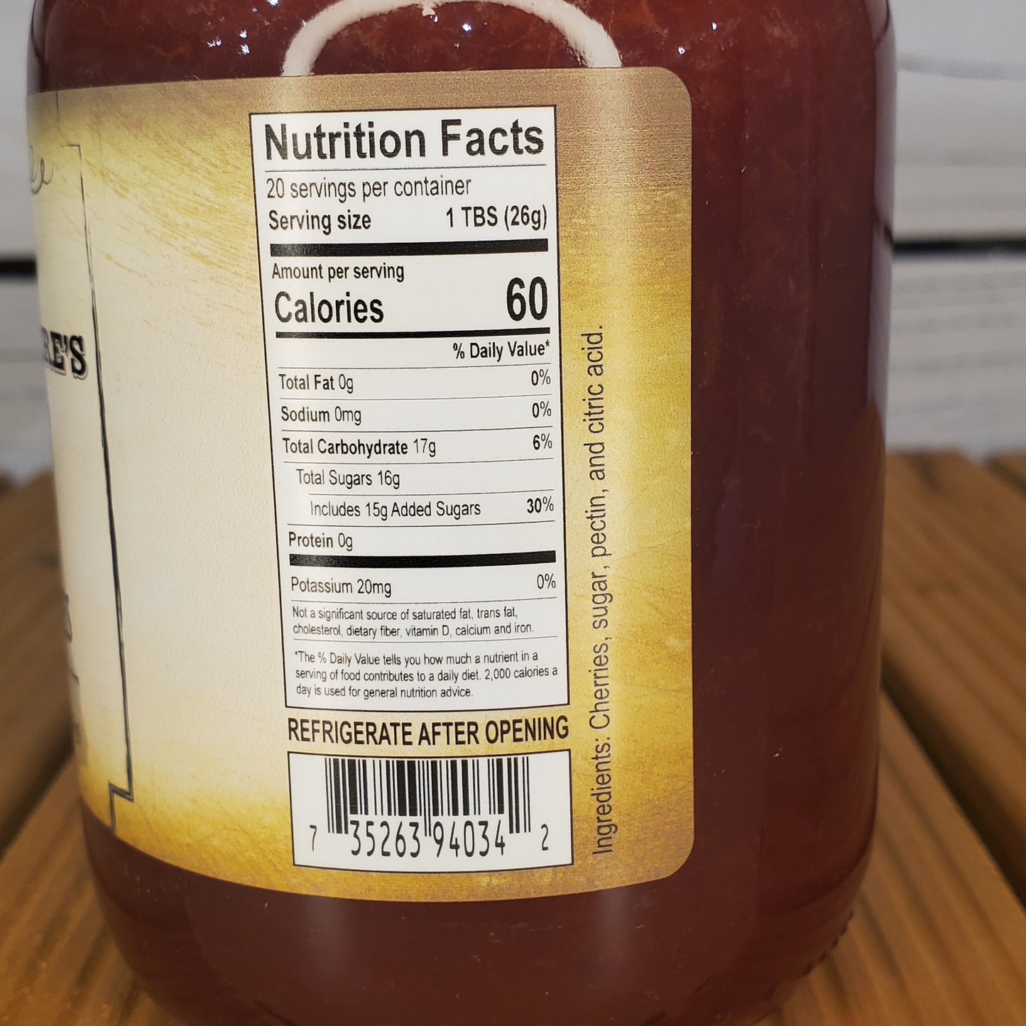 Nutrition facts label on a jar of cherry pie filling