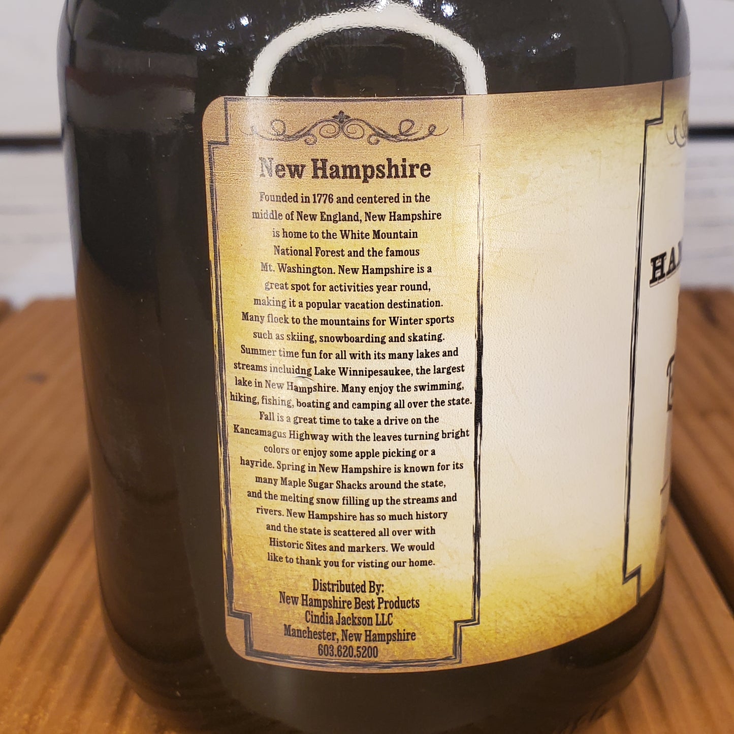 Bottle label on a wooden surface