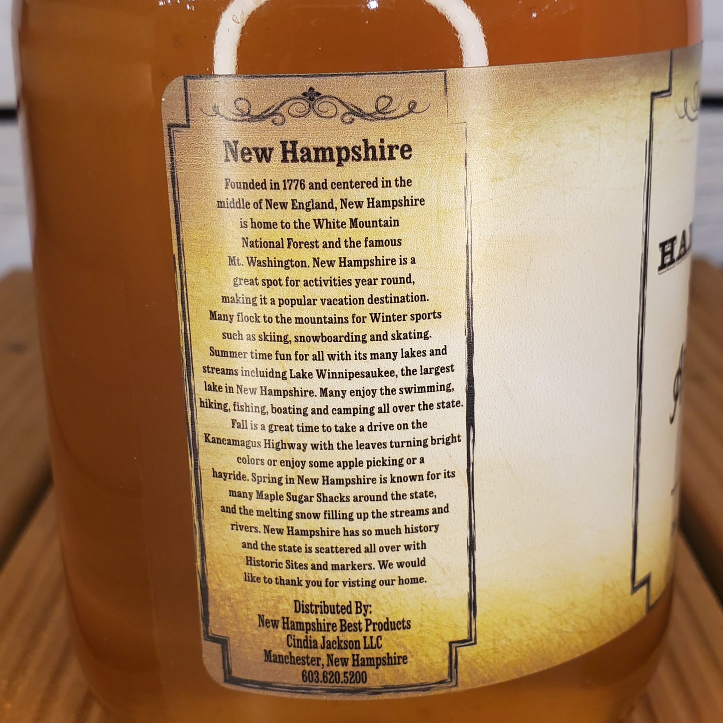 Bottle label with text on a bottle of New Hampshire whiskey.