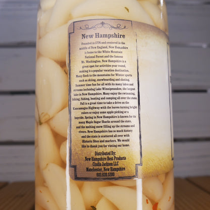 Clear plastic bag filled with white beans labeled 'New Hampshire'.