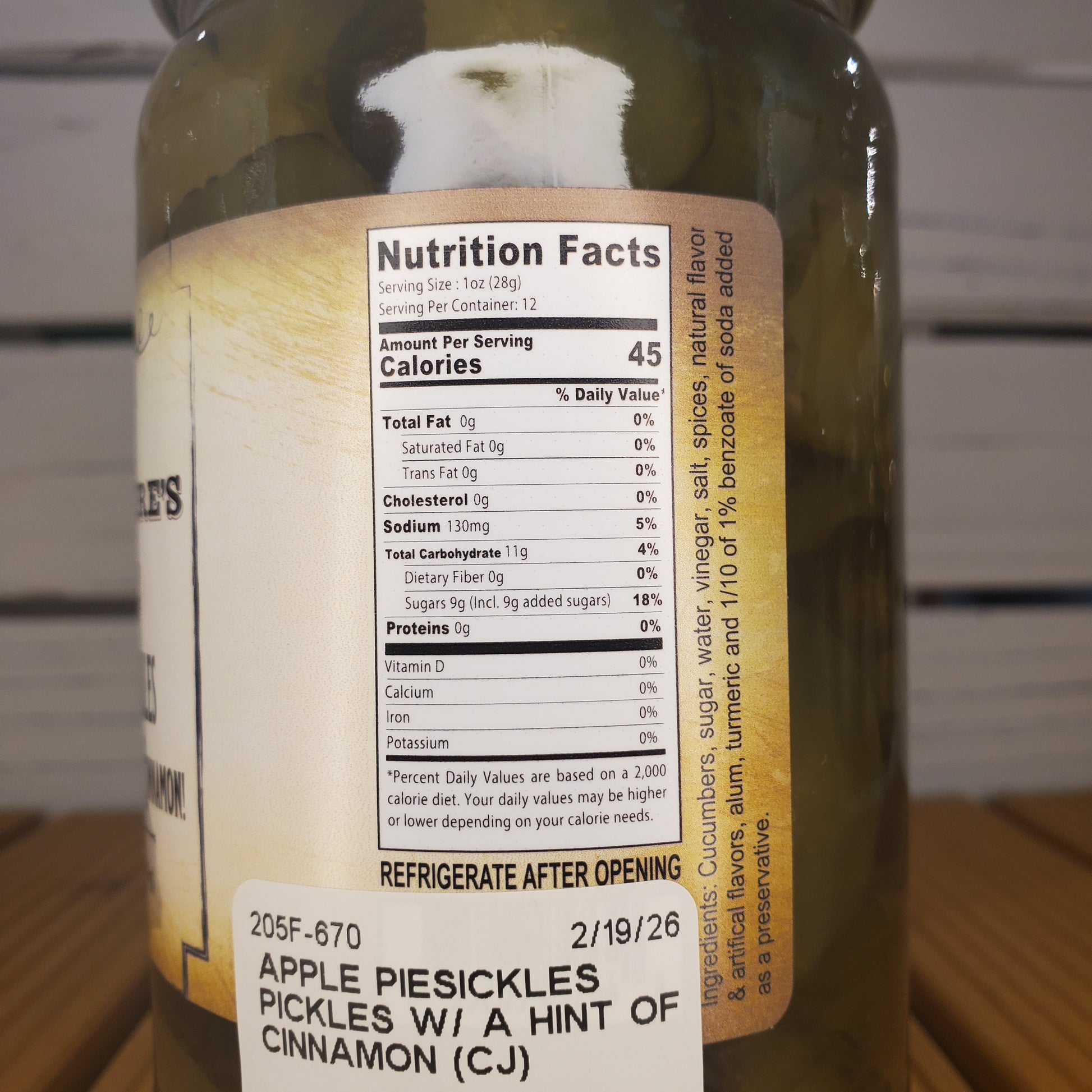 Nutrition label on a jar of apple piesickles pickles with cinnamon.
