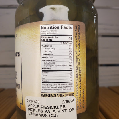 Nutrition label on a jar of apple piesickles pickles with cinnamon.